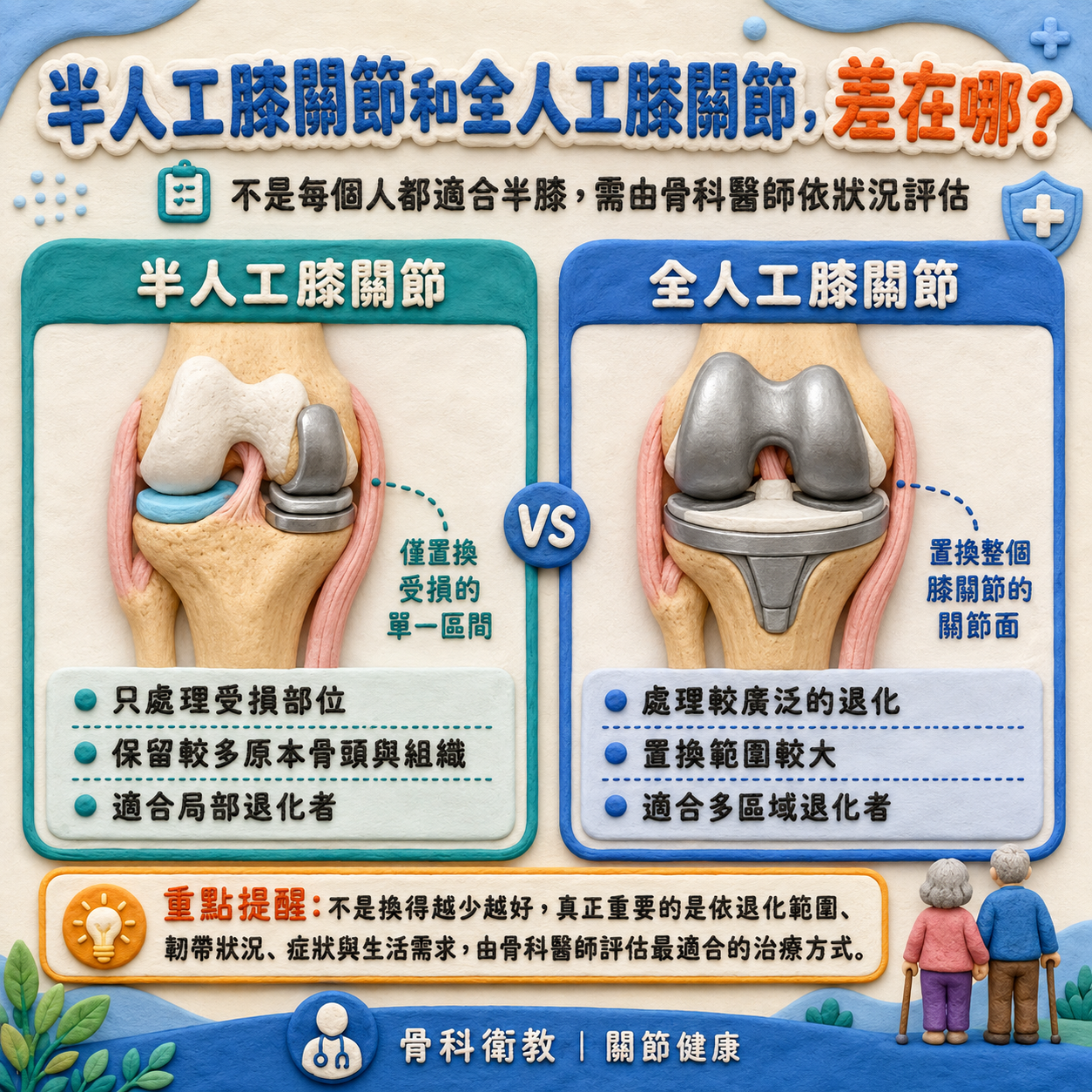 半膝全膝比較黏土插畫風